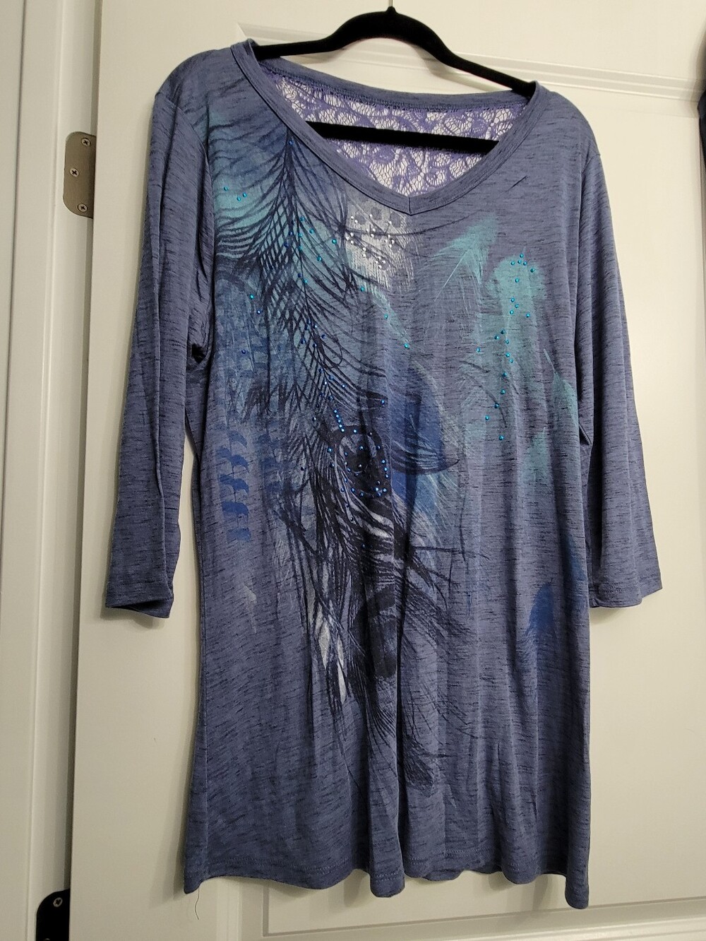 Gorgeous Blue Top w/Lace Back Neck, Rhinestones & Glittery Peacock? Design